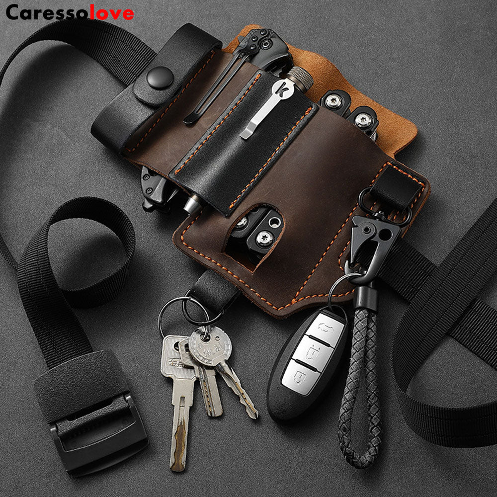 Caressolove Leather EDC Holster Multitool Sheath For Belt, Tactical Belt Accessories, Everyday Carry Retro Pocket With Keychain,