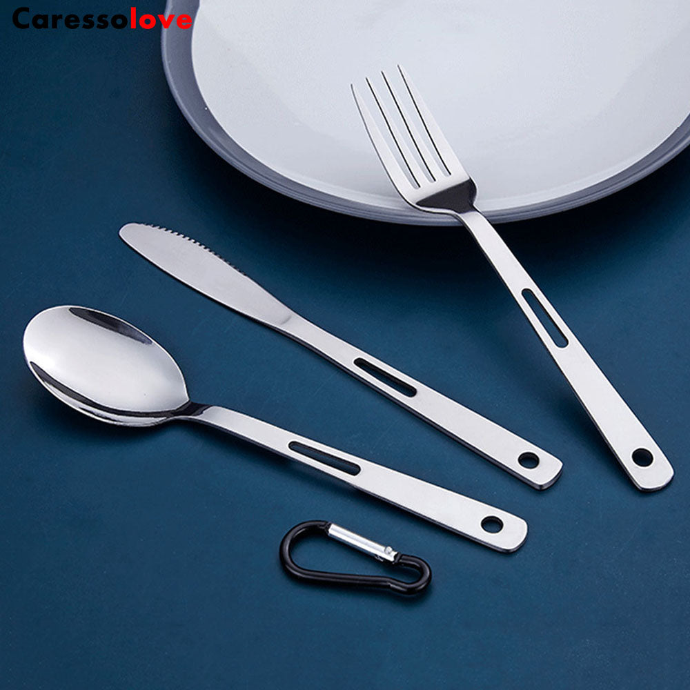 Caressolove Stainless Steel Travel Camping Cutlery Set,With Carabiner Flatware Silverware Set Including Knife Fork Spoon