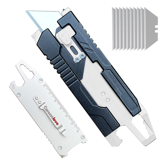 Caressolove 9-in-1 Mini Utility Knife Multitool For Household and Outdoor, Multipurpose Keychain EDC Pocket Knife, Small Replaceable Razor Blade Box Cutter With Clip and 10PCS SK5 Blades