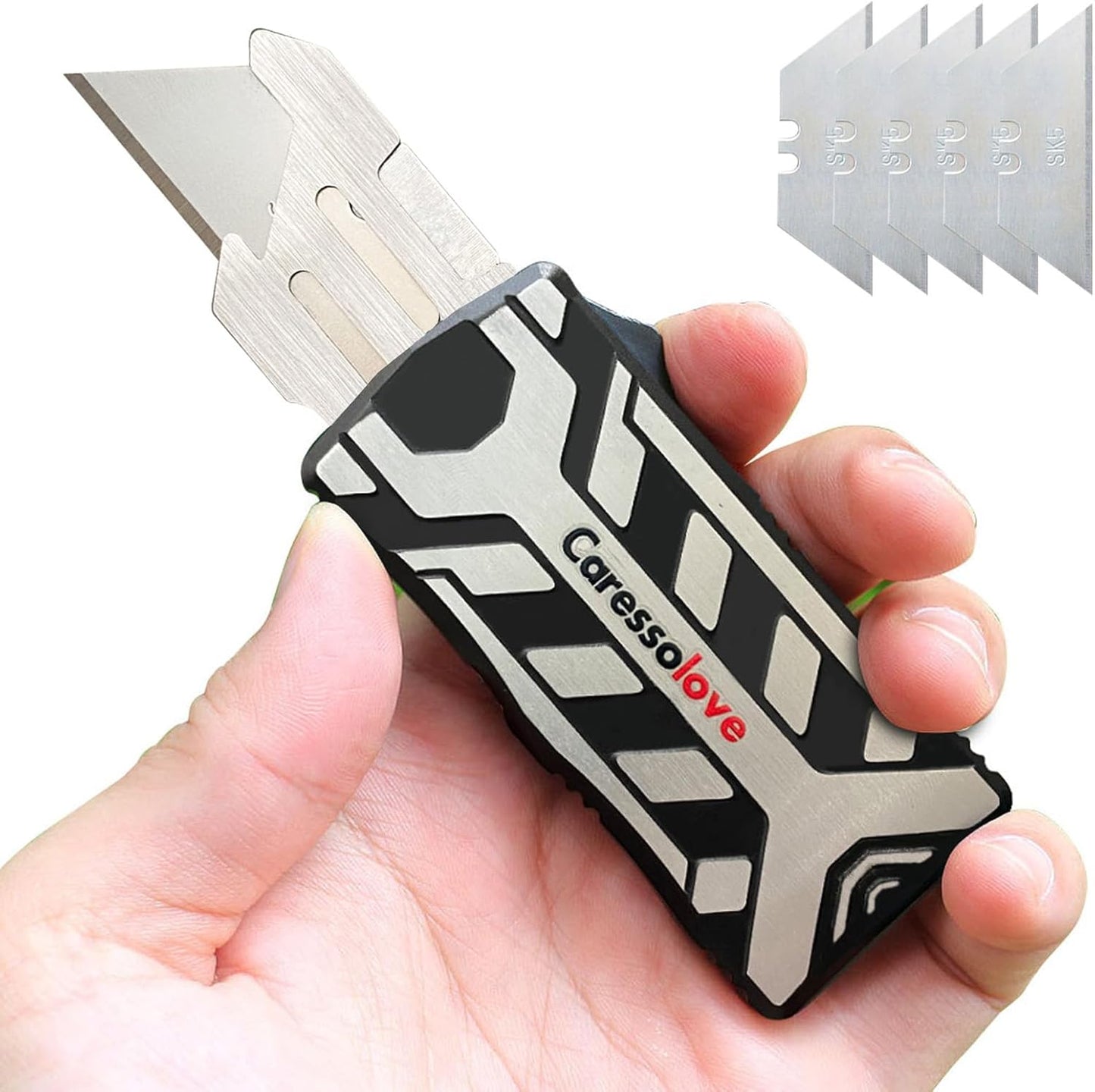 Caressolove Aluminum Alloy Automatically Retracts Box Cutter, Replaceable Blade EDC Pocket Utility Knife With Clip, Black With 5pcs Extra Blades