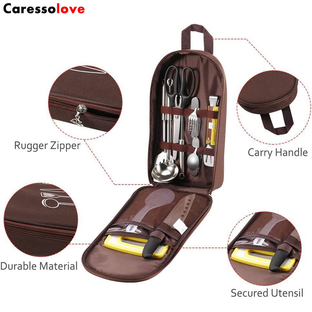 Caressolove Camping Cutlery Storage Bag, Large Capacity Anti Scratch Multiple Compartments Cooking Utensils Storage Portable Pouch For Travel