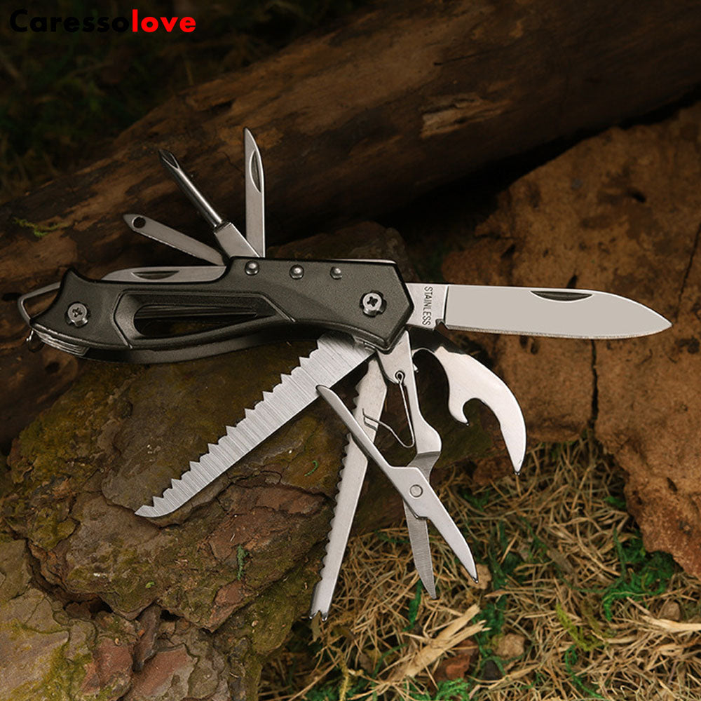 Caressolove 14-in-1 Outdoor Multi Tools Swiss Knife, Keychain Multitool Folding Knife Bottle Opener Scissors Saw, Portable Military tactical Foldable Pocket Knife For Camping Hiking