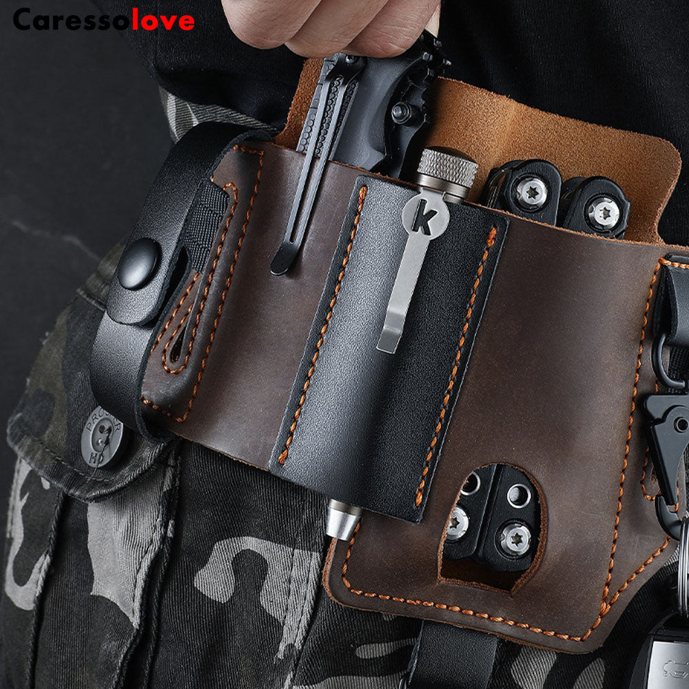 Caressolove Leather EDC Holster Multitool Sheath For Belt, Tactical Belt Accessories, Everyday Carry Retro Pocket With Keychain,