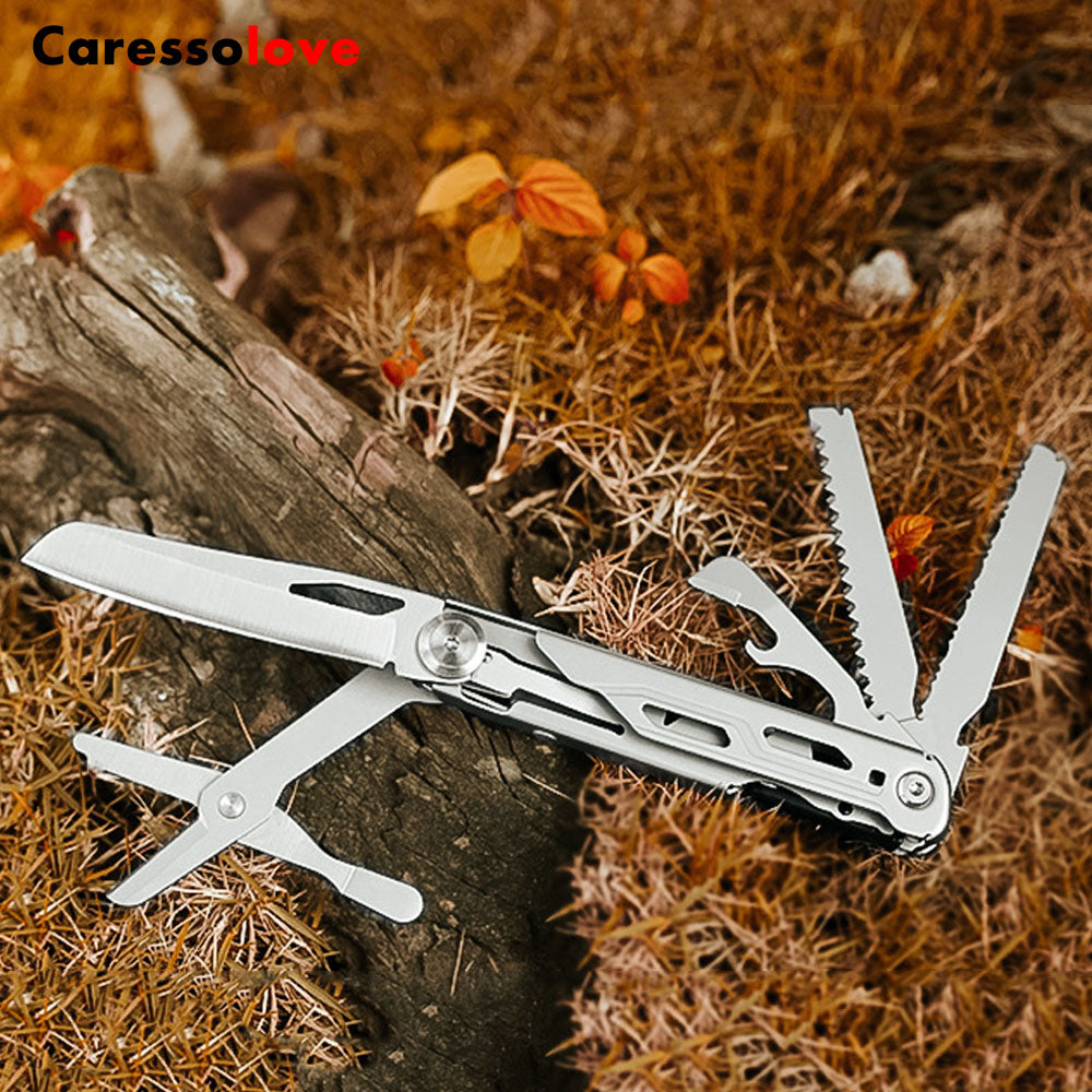 Caressolove 9-in-1 Multitool Pocket Knife With Clip, EDC Multi Tool Folding Knife for Camping Hiking Fishing, Multifunctional Outdoor Knife Saw Scissors Bottle Opener Glass Breaker, Survival Gear for Men