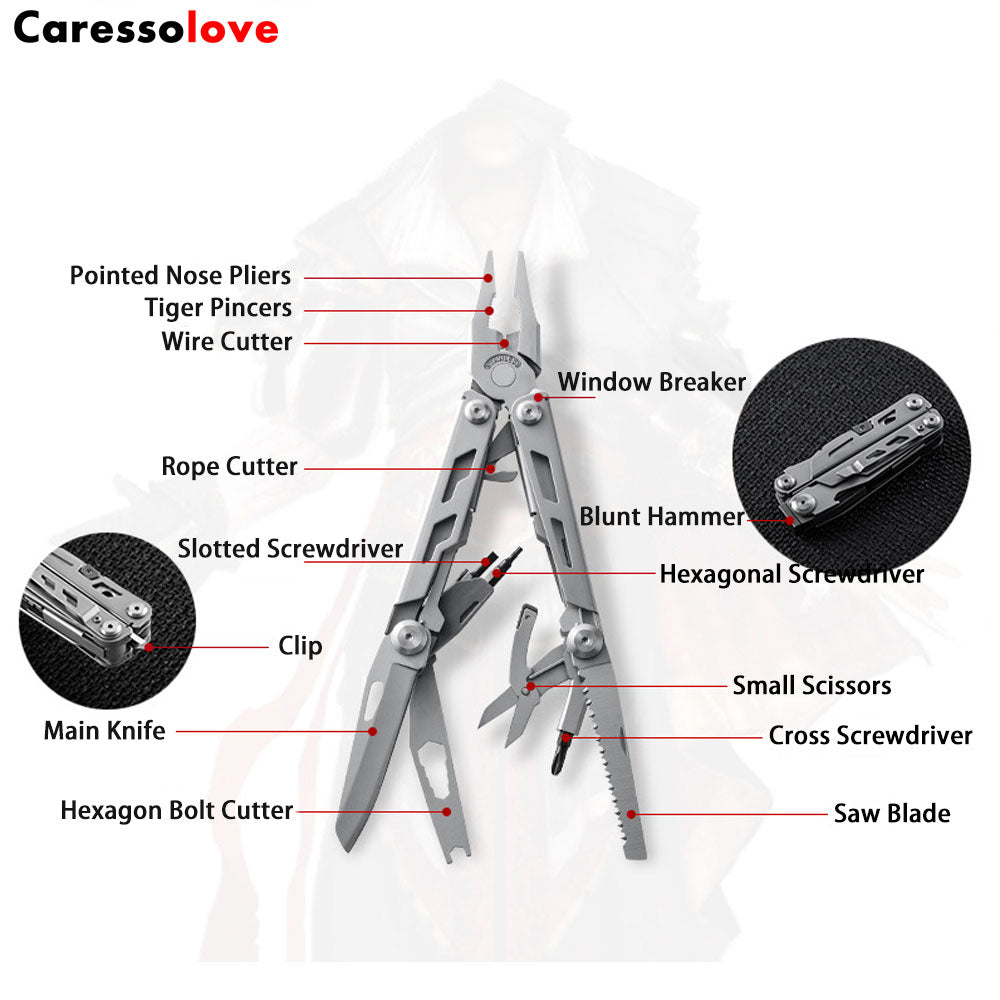 Caressolove EDC Outdoor Survival Gear Multi Tool Pliers, 14-In-1 Stainless Steel Multitool Tactical Knives For Men, Multifunctional  Pincers For Camping Travel Hiking