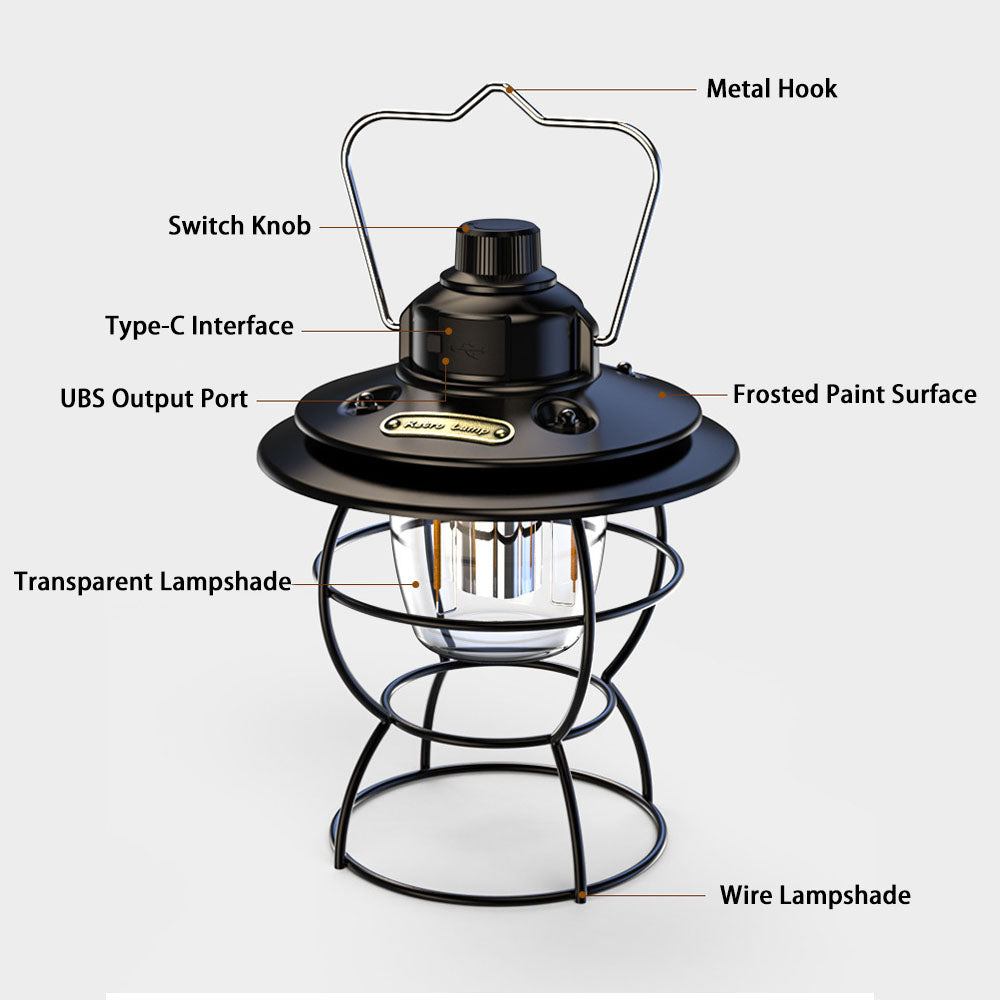 Caressolove LED Camping light Rechargeable Fishing Waterproof Flashlight, Garden Terrace Dimmable Retro Light, Outdoor Tent Fishing Hiking Backpack Emergency Light