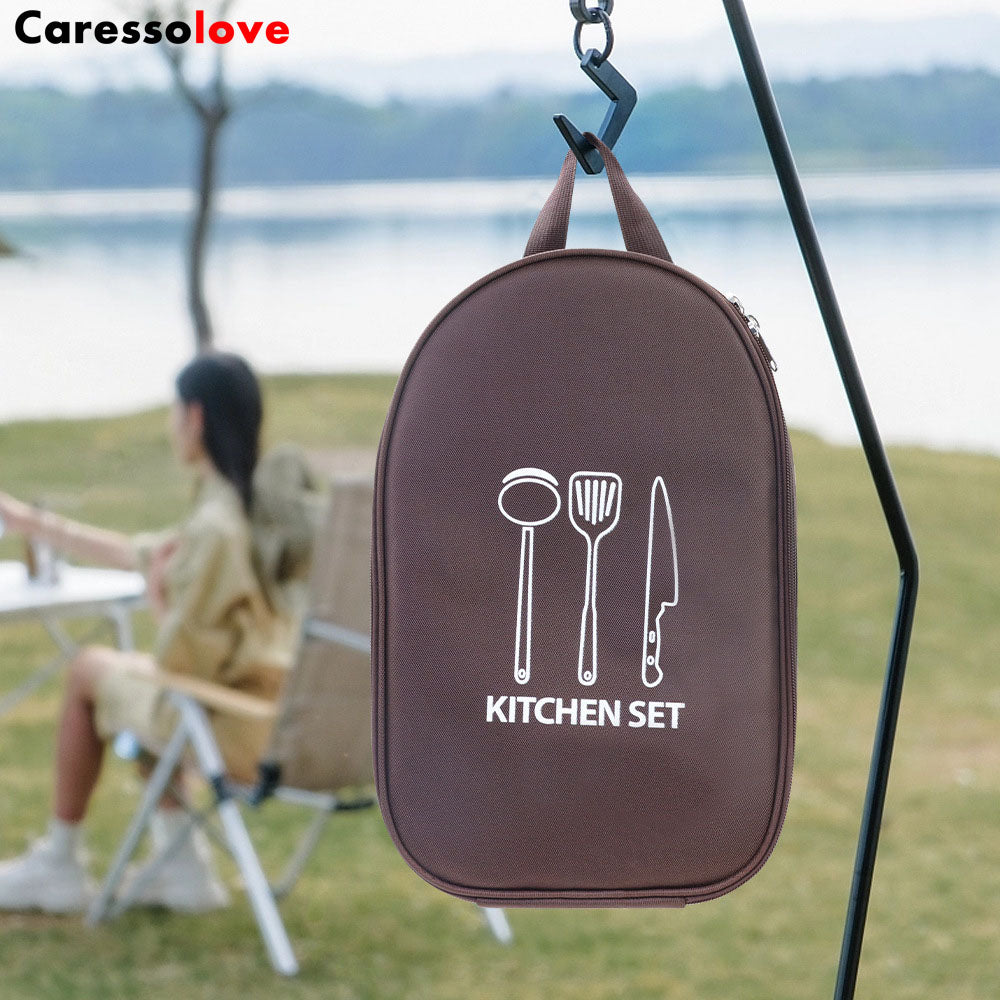 Caressolove Camping Cutlery Storage Bag, Large Capacity Anti Scratch Multiple Compartments Cooking Utensils Storage Portable Pouch For Travel