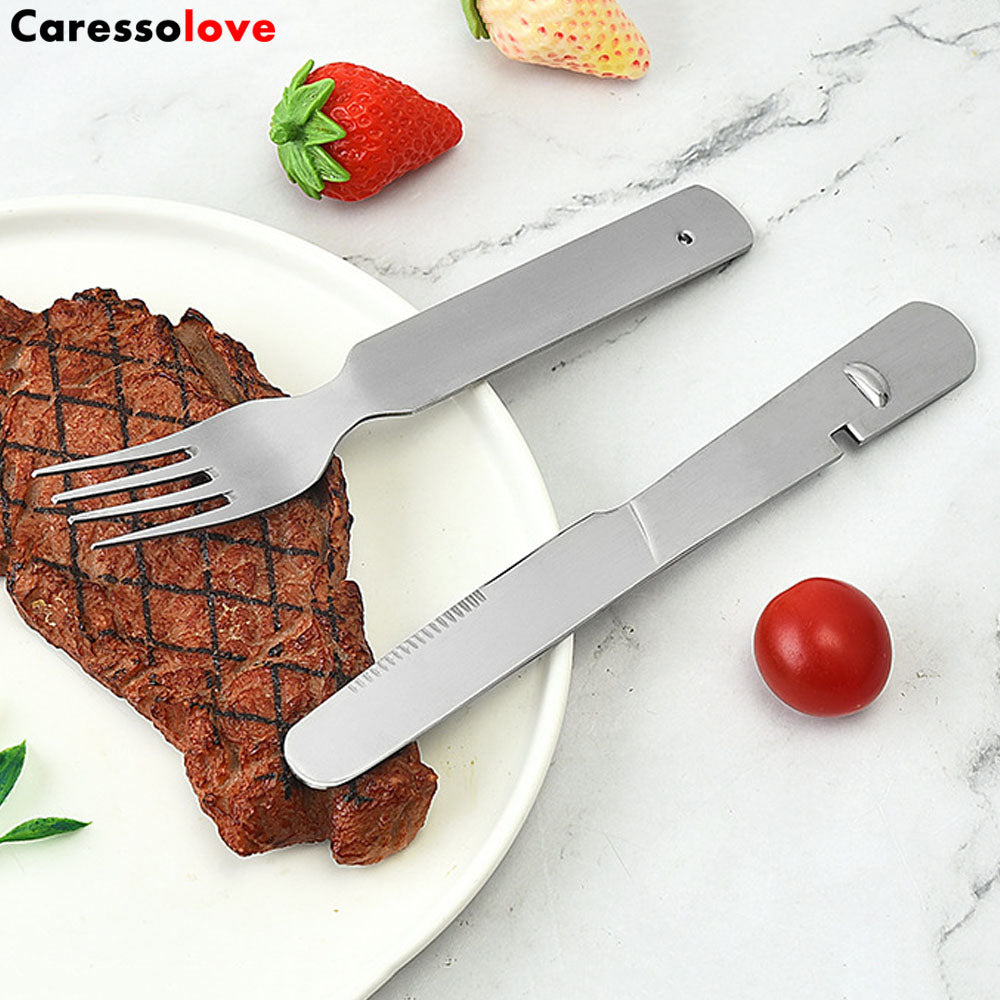 Caressolove 4-in-1 Camping Flatware Set, Portable Stainless Steel Flatware Spoon Fork, Knife and Bottle Opener Combo Pack For Picnic Travel, Barbecue, Backpack Outdoor Gear with Carrying Bag