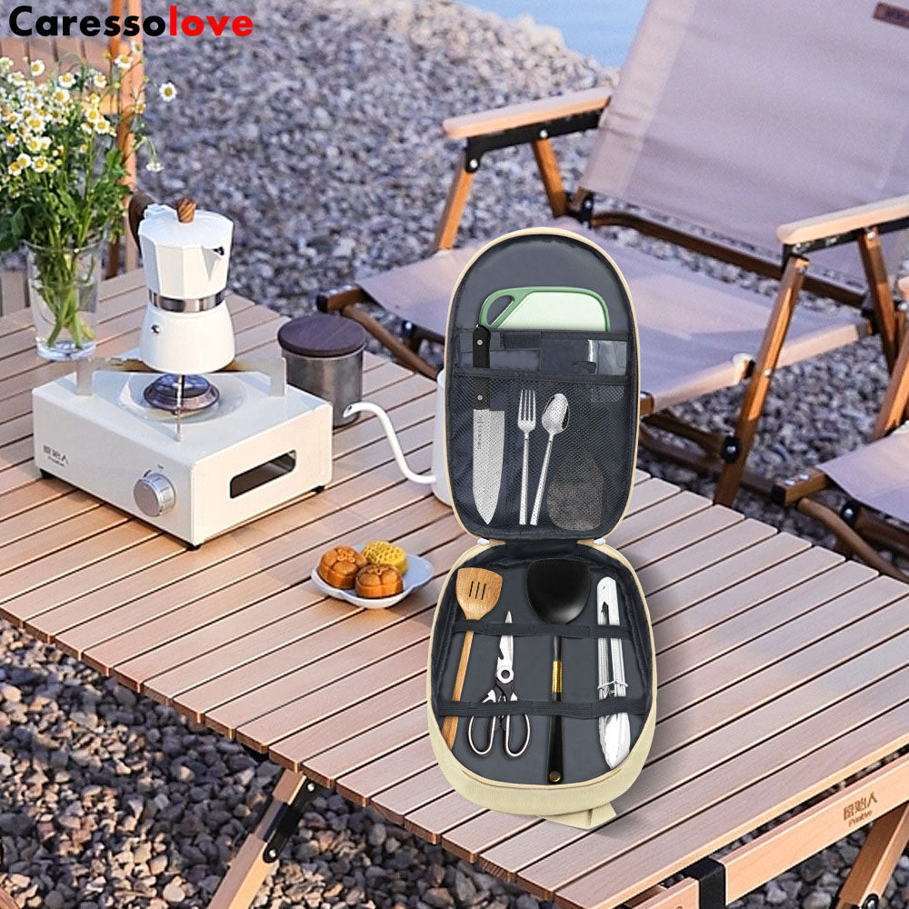 Caressolove Camping Cutlery Storage Bag, Large Capacity Anti Scratch Multiple Compartments Cooking Utensils Storage Portable Pouch For Travel