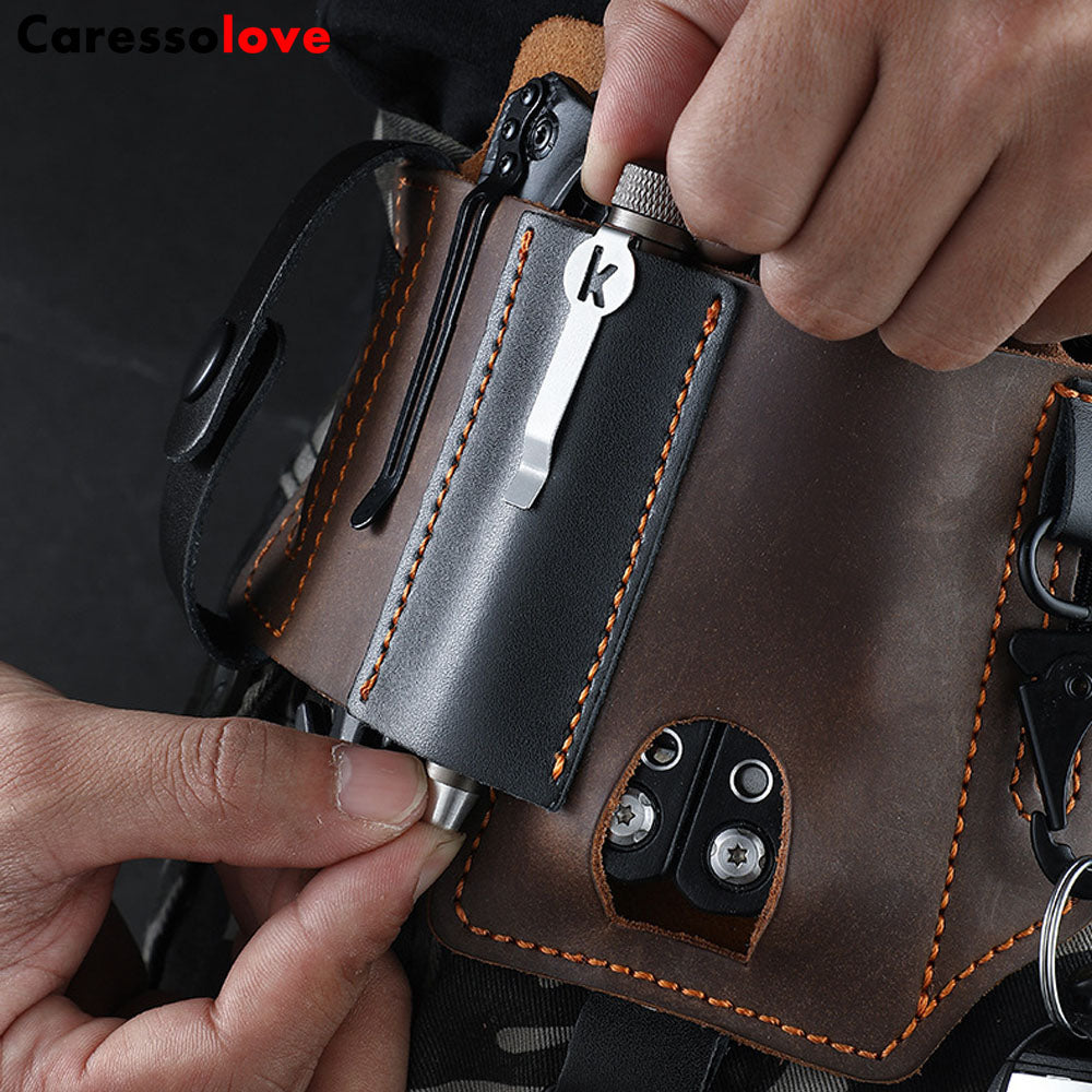 Caressolove Leather EDC Holster Multitool Sheath For Belt, Tactical Belt Accessories, Everyday Carry Retro Pocket With Keychain,