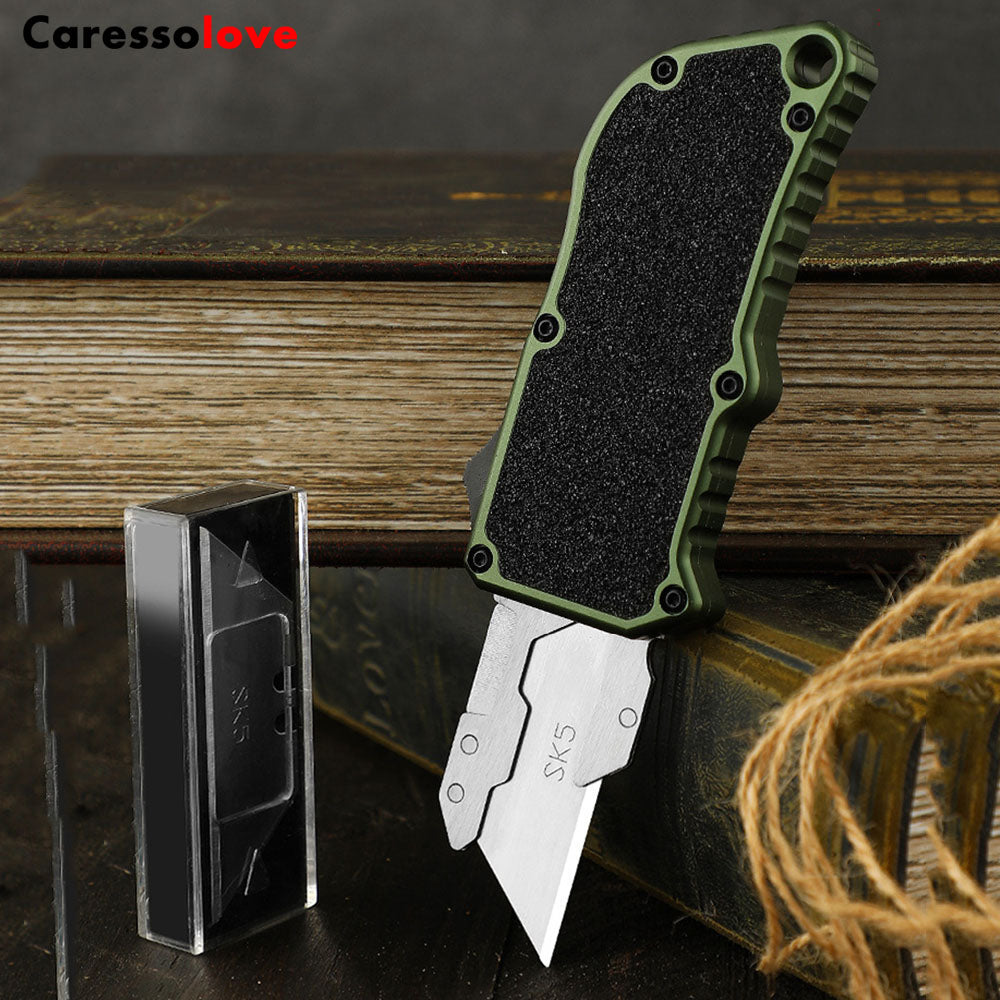 Caressolove Aluminum Alloy Box Cutters Retractable Heavy Duty Multifunctional OTF Automatic Work Knife Dismantling Express Delivery Unpacking Multi-purpose Replaceable Blades Utility Knife