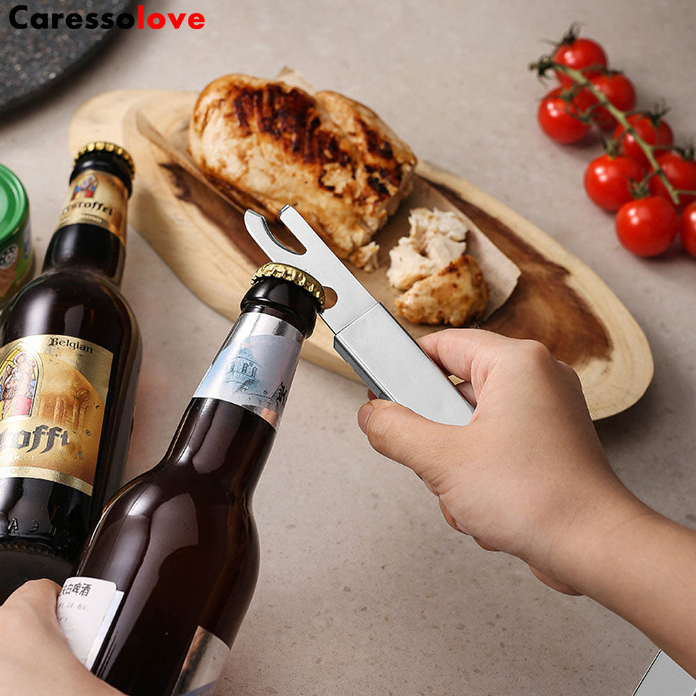 Caressolove 4-in-1 Camping Flatware Set, Portable Stainless Steel Flatware Spoon Fork, Knife and Bottle Opener Combo Pack For Picnic Travel, Barbecue, Backpack Outdoor Gear with Carrying Bag