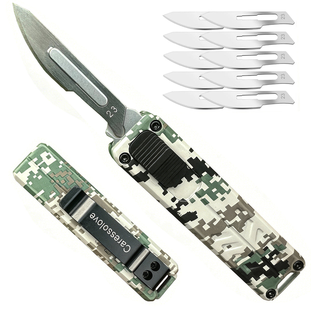 Caressolove Auto Utility Knife with 10pcs #23 Surgical Blades, OTF Scalpel Pocket Knife Retractable Box Cutter
