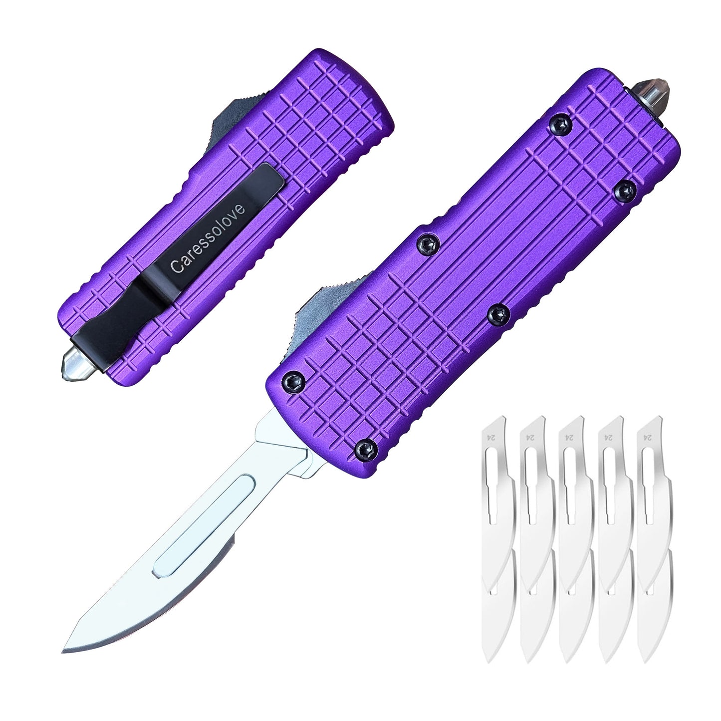 Caressolove Automatic Scalpel Knife, Safety Auto Knife Push Button, EDC Double Action Razor Blade Utility Knife, With 10pcs #24 Replaceable Blade Self Retractable Pocket Knives For Men and Women