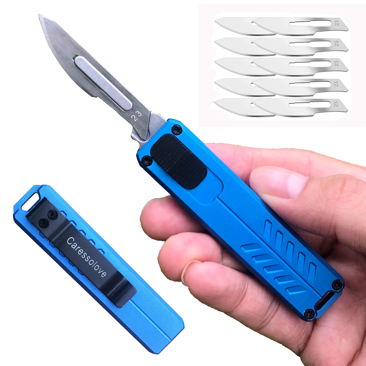 Caressolove Auto Utility Knife with 10pcs #23 Surgical Blades, OTF Scalpel Pocket Knife Retractable Box Cutter