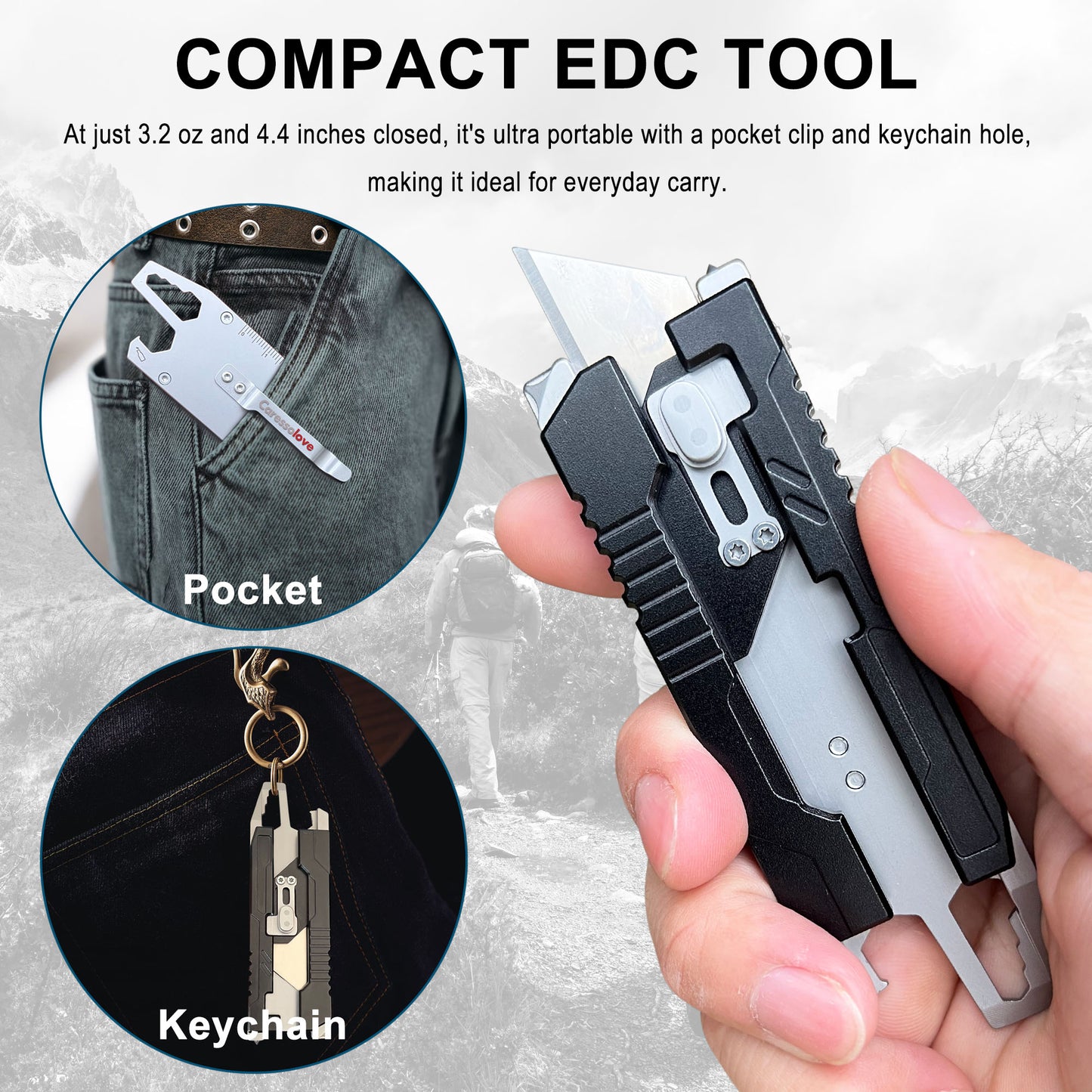 Caressolove 9-in-1 Mini Utility Knife Multitool For Household and Outdoor, Multipurpose Keychain EDC Pocket Knife, Small Replaceable Razor Blade Box Cutter With Clip and 10PCS SK5 Blades