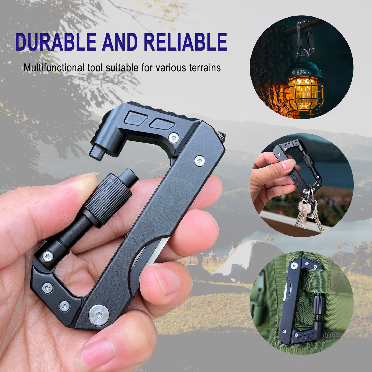 Caressolove EDC Carabiner For Men, 6-In-1 Outdoor Multitool Carabiner Pocket Knife, Multifunctional Survival Keychain With Saw, Screwdriver, Window Breaker, Tactical Gear for Camping Hiking