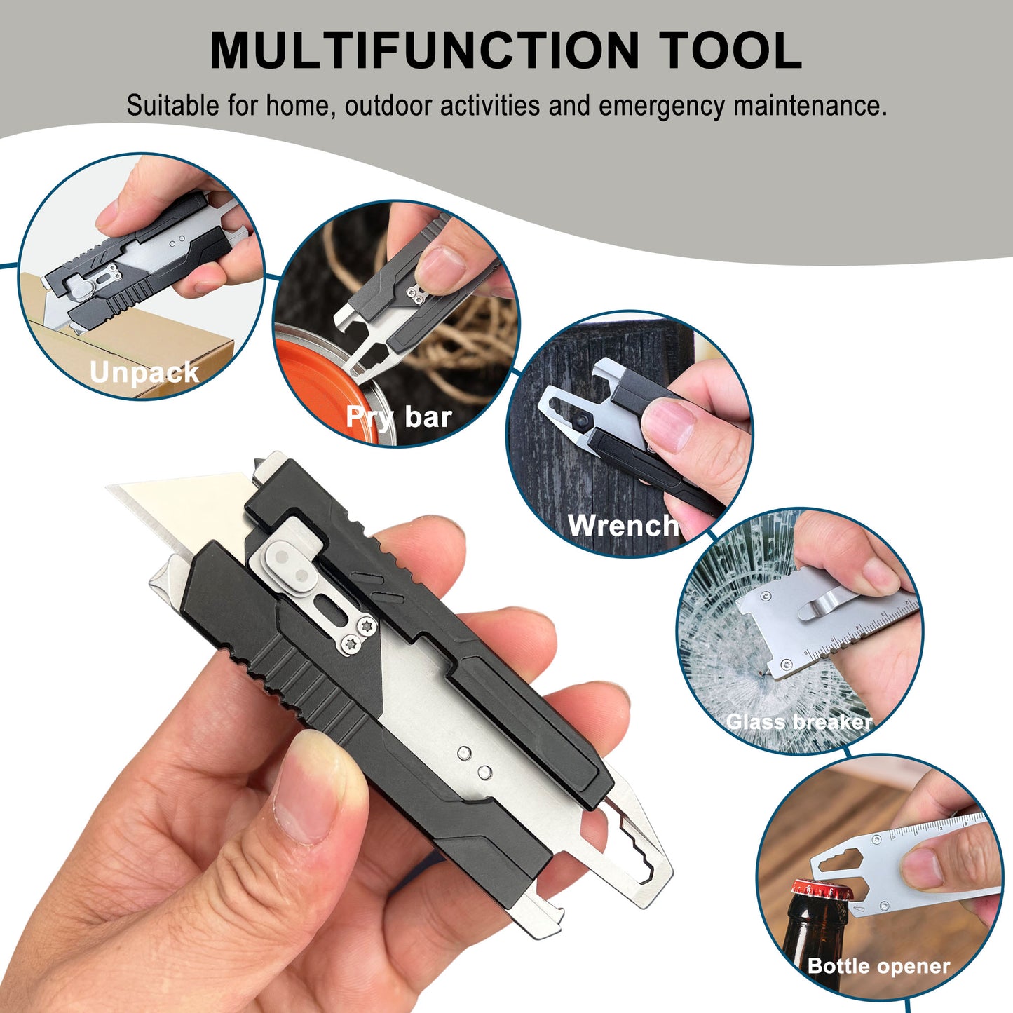 Caressolove 9-in-1 Mini Utility Knife Multitool For Household and Outdoor, Multipurpose Keychain EDC Pocket Knife, Small Replaceable Razor Blade Box Cutter With Clip and 10PCS SK5 Blades