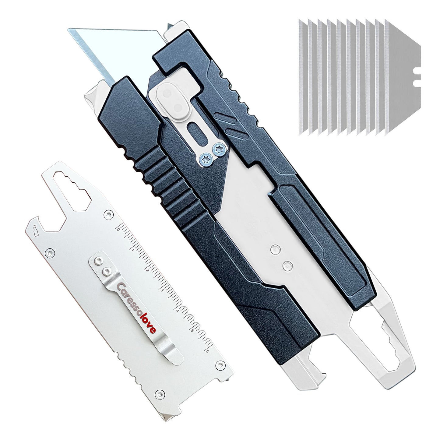 Caressolove 9-in-1 Mini Utility Knife Multitool For Household and Outdoor, Multipurpose Keychain EDC Pocket Knife, Small Replaceable Razor Blade Box Cutter With Clip and 10PCS SK5 Blades