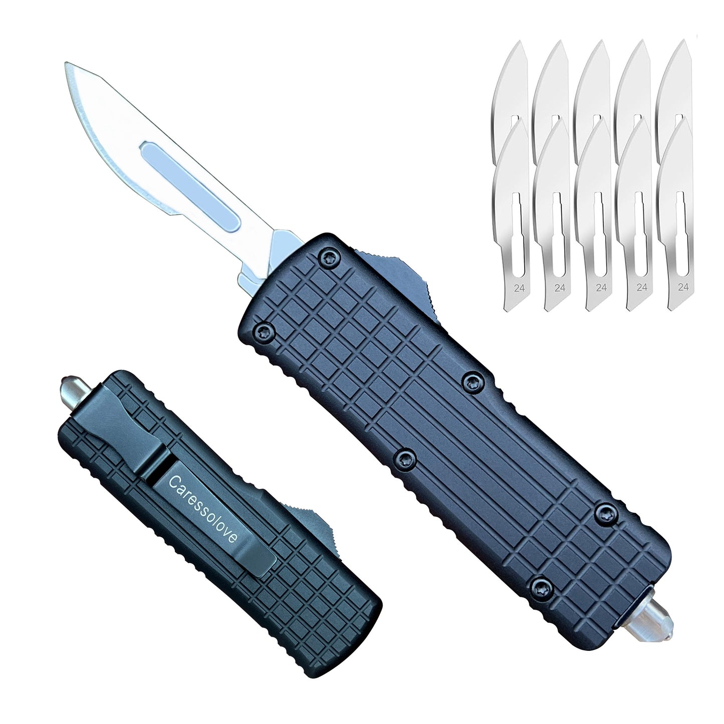 Caressolove Automatic Scalpel Knife, Safety Auto Knife Push Button, EDC Double Action Razor Blade Utility Knife, With 10pcs #24 Replaceable Blade Self Retractable Pocket Knives For Men and Women