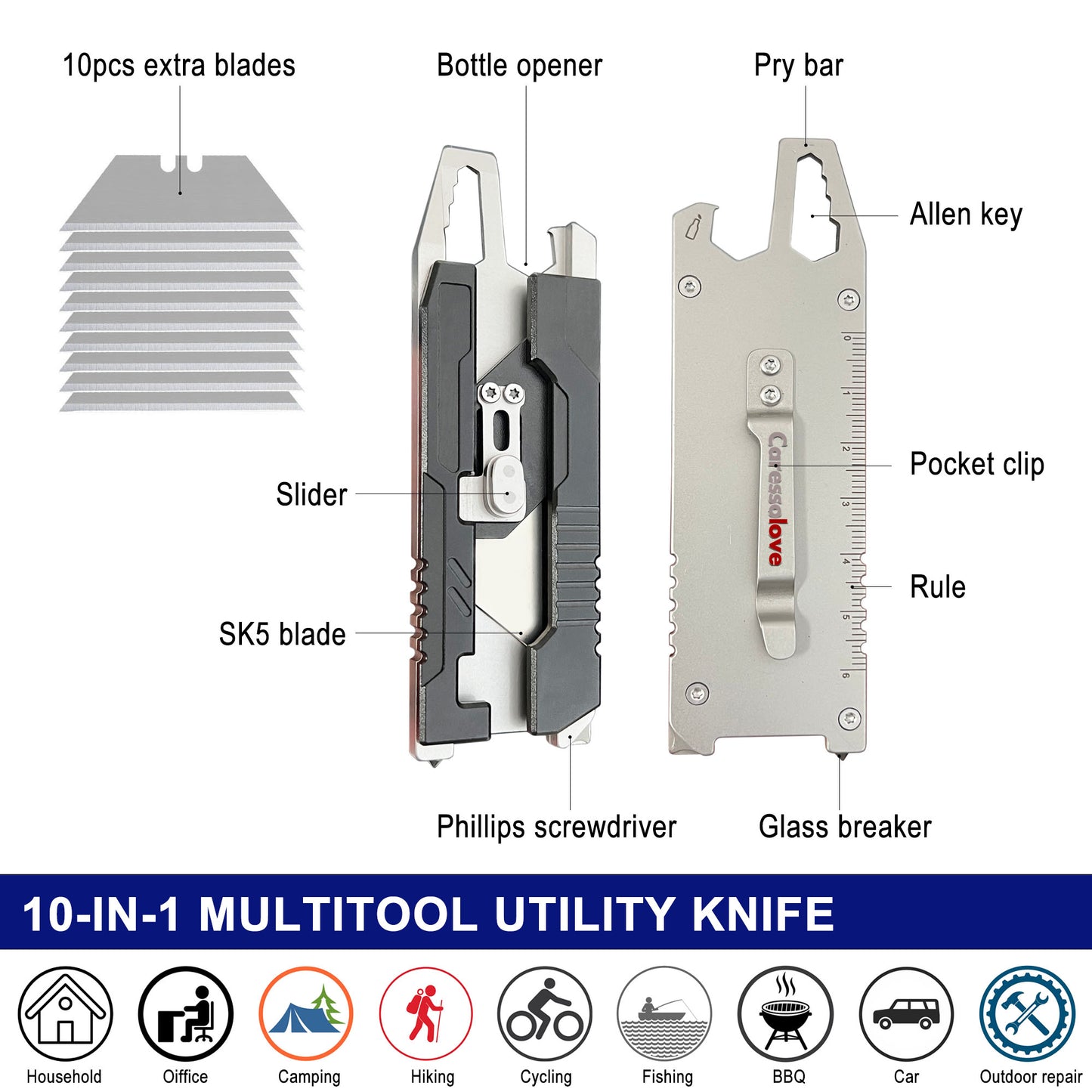 Caressolove 9-in-1 Mini Utility Knife Multitool For Household and Outdoor, Multipurpose Keychain EDC Pocket Knife, Small Replaceable Razor Blade Box Cutter With Clip and 10PCS SK5 Blades