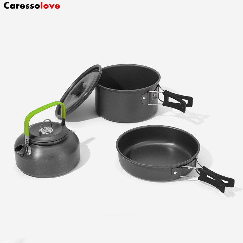 Caressolove Outdoor Camping Cookware Set With Pot Pan And Kettle, Portable Cookware Set for Picnic, Winterial Camping Cookware And Pot Set Survival Cooking Gear, Lightweight 3pcs Camping Cookware Mess Kit